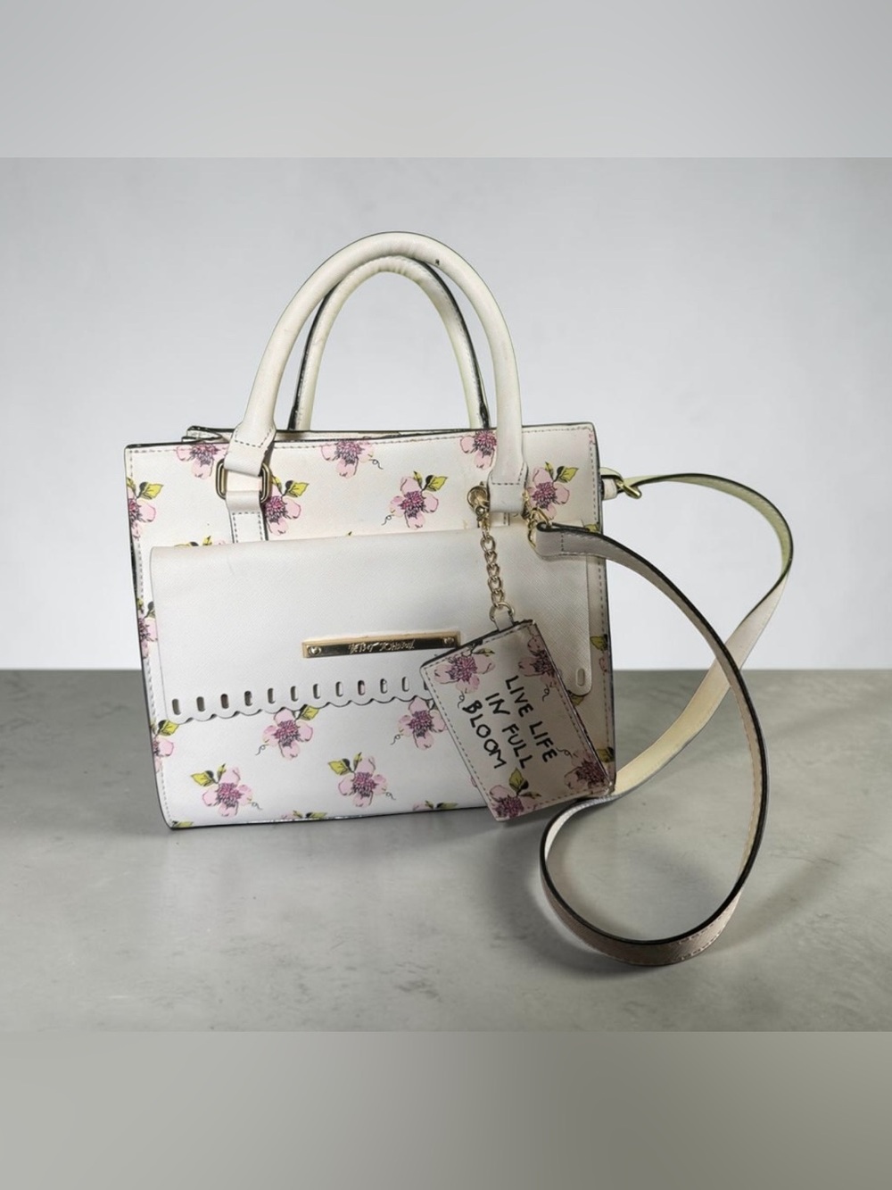 Betsey Johnson White Floral Satchel with Removable Cardholder